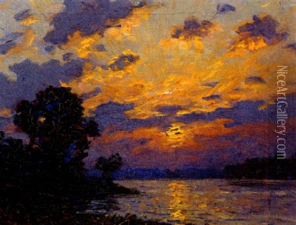 Malerische Abendliche Flusslandschaft Oil Painting - Victor Brugairolles