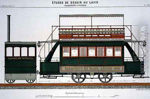 Design for a Steam Tram, plate 126 from 'The Industrial Practitioner' Oil Painting - A. Cheneveau