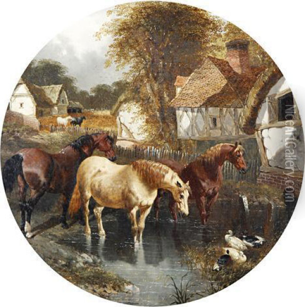 Horses Watering Oil Painting - John Frederick Herring Snr