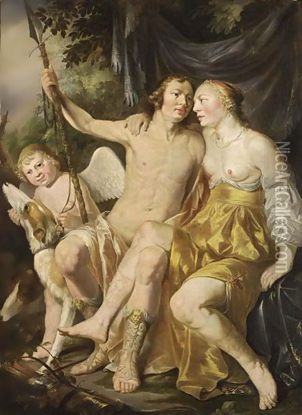 Venus, Adonis And Cupid, Together With Hounds Oil Painting - Hendrick Heerschop or Herschop