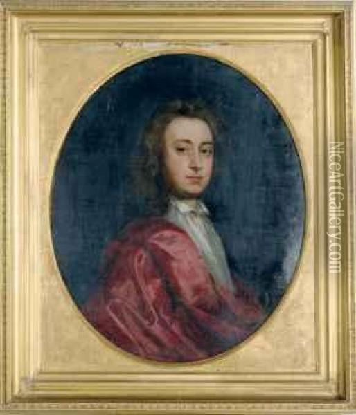 Portrait Of A Gentleman, 
Traditionally Identified As George Morley,esquire (b. 1664), Third 
Brother Of Sir Charles Morley,half-length, With A Red Cape Oil Painting - Michael Dahl