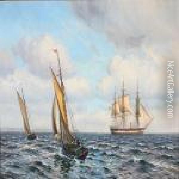 Seascape With The Frigate Jylland And Sailing Ships In Thegreat Sound Oil Painting - Vilhelm Karl Ferd. Arnesen
