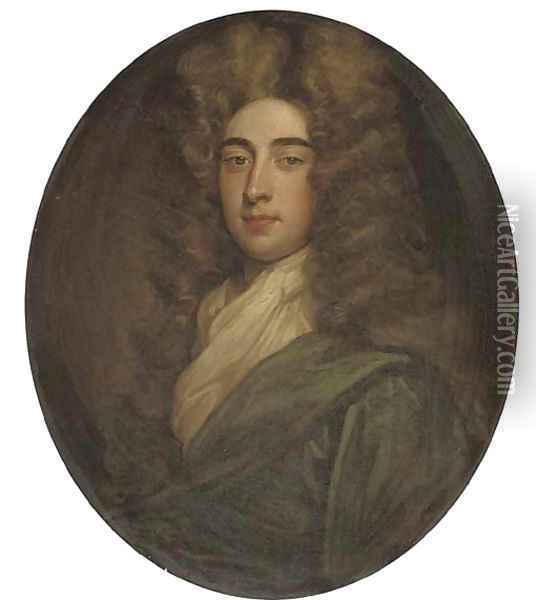 Portrait of a gentleman, traditionally identified as Thomas Hanmer, bust length, in a blue robe and white cravat Oil Painting - Sir Godfrey Kneller