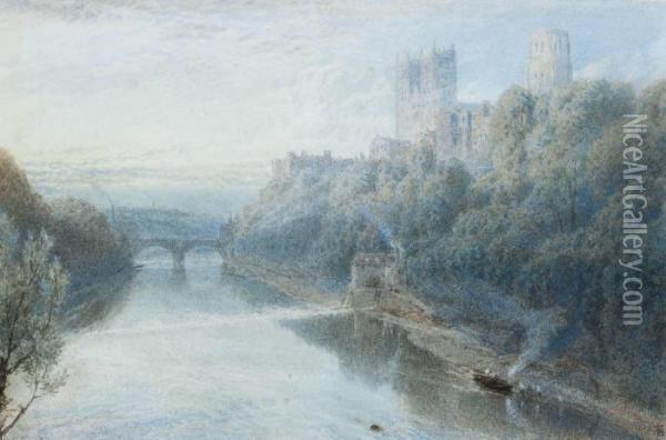 Durham Cathedral At Dusk, Viewed From The River Wear Oil Painting - Myles Birket Foster