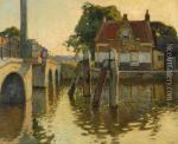 View Of A Canal With Bridge Oil Painting - Bernard, Ben Viegers