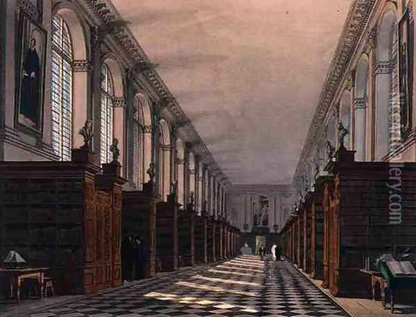 Interior of Trinity College Library, Cambridge, from The History of Cambridge, engraved by Daniel Havell 1785-1826, pub. by R. Ackermann, 1815 Oil Painting - Augustus Charles Pugin