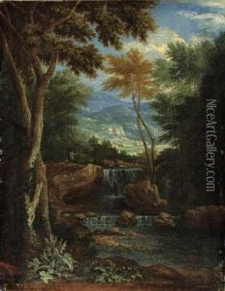 An Italianate Wooded Landscape With Figures By A Waterfall Oil Painting - Adriaen Frans Boudewijns