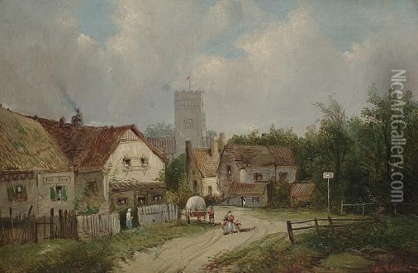 Figures By An Inn, A Castle In The Distance Oil Painting - A.H. Vickers