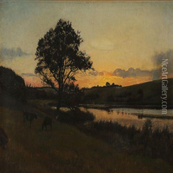 Solnedgang Ved Tadse Molleso Oil Painting - Otto Petersen Balle