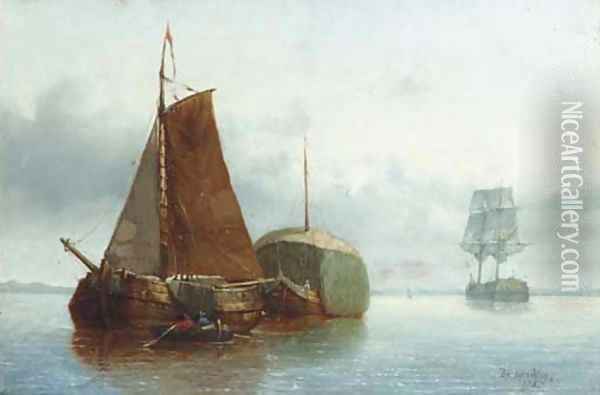 Haybarges and a two-master on a calm Oil Painting - Theo van Sluys