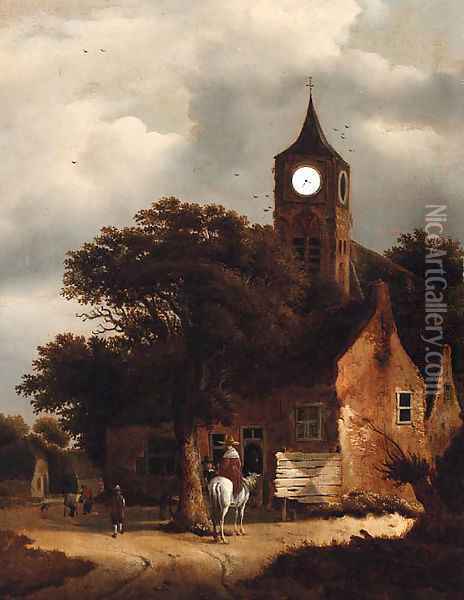 Travellers at an inn on the outskirts of a village, a church beyond Oil Painting - Roelof van Vries