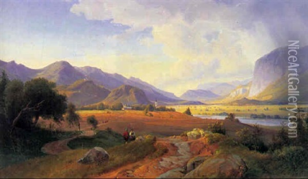 Sydtysk Bjerglandskab Med Flod Oil Painting - Johann Hermann Carmiencke