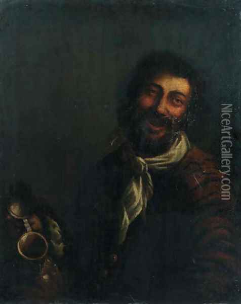 A Kannekijker A boor, half length, showing an empty jug Oil Painting - Theodoor Rombouts