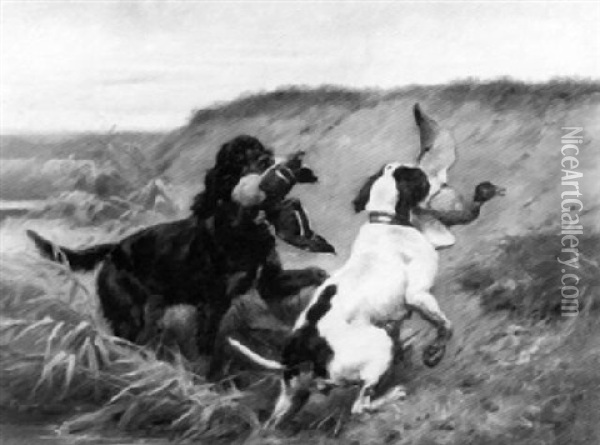 Two Setters Retrieving Game Oil Painting - Jules Bertrand Gelibert