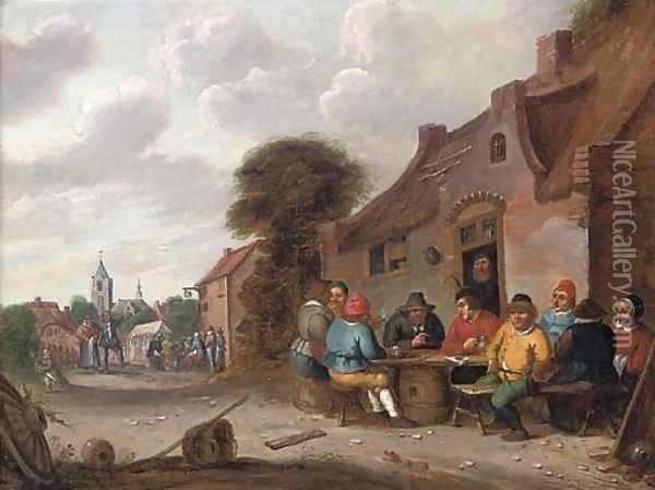 Peasants drinking and smoking outside a tavern Oil Painting - Joost Cornelisz. Droochsloot