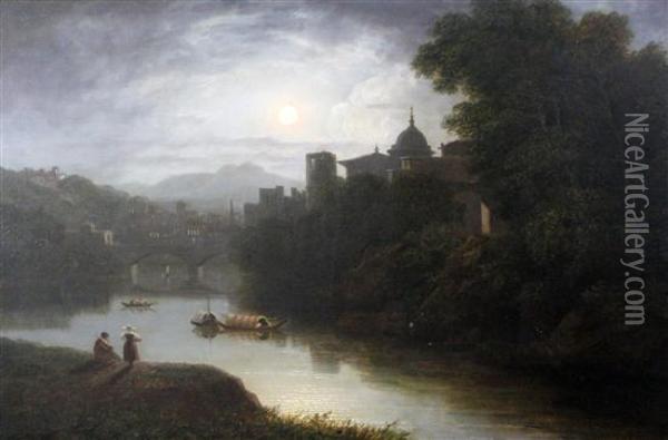Moonlit View Of An Italian City Oil Painting - Thomas Christopher Hofland