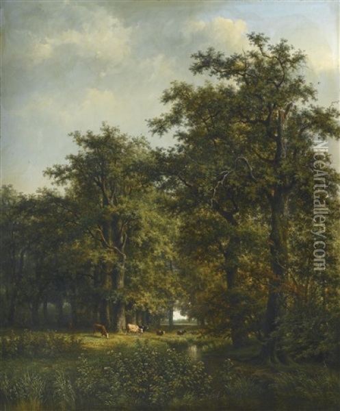 Bosky Landscape With Cattle Grazing By A Stream Oil Painting - Cornelis Jan de Vogel