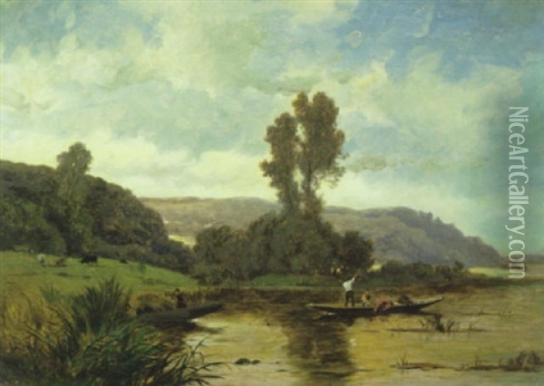 Fluslandschaft Mit Fischern Oil Painting - Hippolyte Camille Delpy