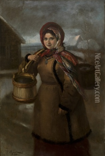 Girl Carrying A Shoulder Yoke With Buckets Oil Painting - Alexey Ivanovich Trankovskii