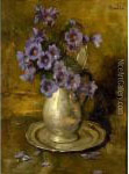 A Flower Still Life In A Pewter Jug Oil Painting - Heinrich Martin Krabb