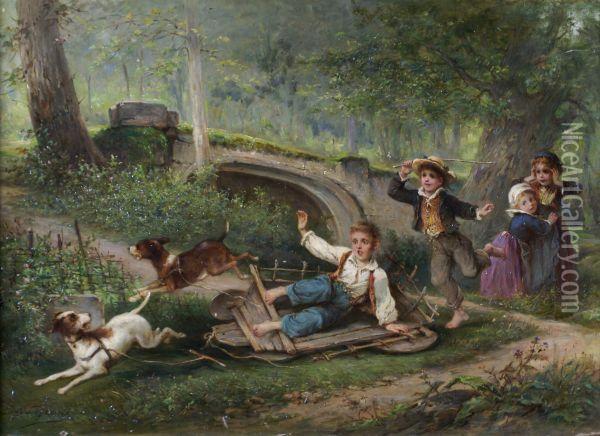 Children And Dogs Playing Oil Painting - Eugene Lejeune