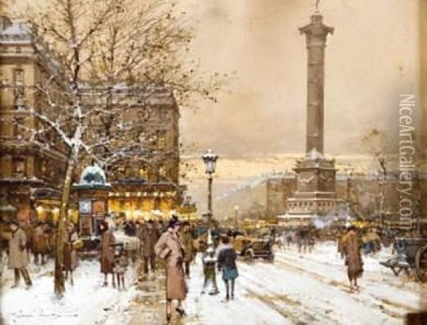 La Place De La Bastille Sous La Neige Oil Painting - Eugene Galien-Laloue