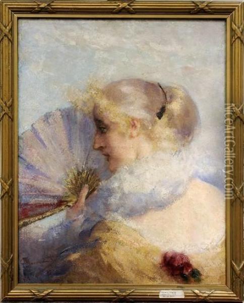 [femme A L'eventail] Oil Painting - Charles Hermans