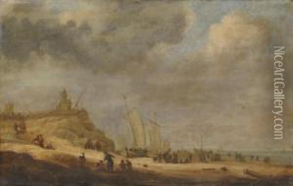 Fishermen Unloading Their Catch On A Beach, A Town Beyond Oil Painting - Simon De Vlieger