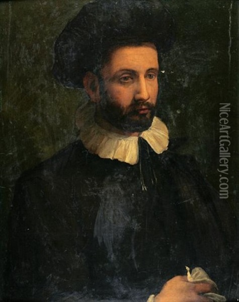 A Portrait Of A Gentleman Wearing A Hat Oil Painting - Francesco del Rossi (Salviati)