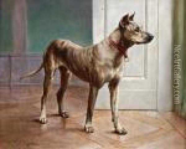 Hundeportrait Mit Rotem Halsband Oil Painting - Carl Reichert