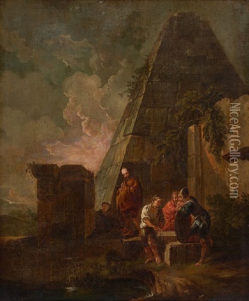 Philosphers And Soldiers Among Ancient Ruins, Including The Pyramid Of Gaius Cestius Oil Painting - Giovanni Paolo Panini