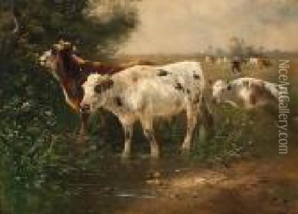 Cows By The Water's Edge Oil Painting - Henry Schouten