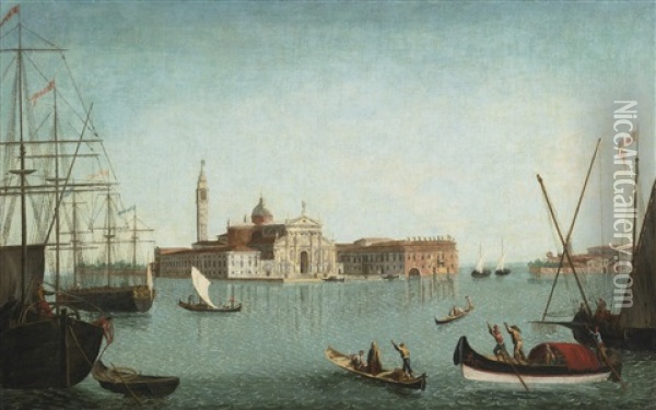 Venice, A View Of The Island Of San Giorgio Maggiore With Gondolas And Larger Shipping Vessels In The Foreground (collab. W/studio) Oil Painting - Michele Marieschi