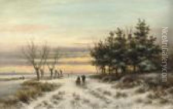 Strolling In A Snow Covered Landscape At Sunset Oil Painting - Lodewijk Johannes Kleijn