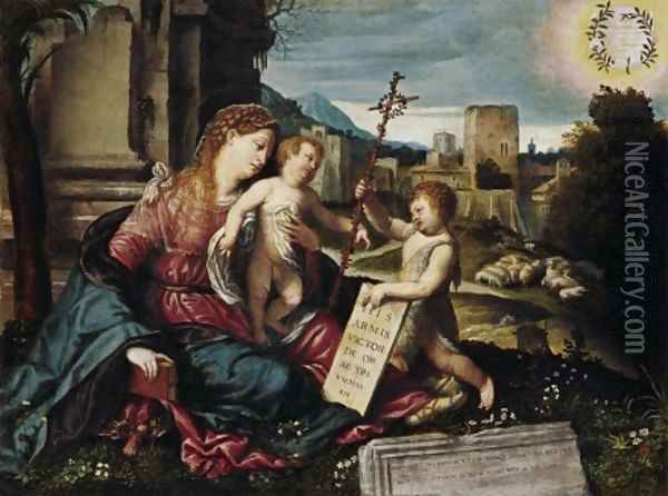 Madonna with Child and the Young St John c 1550 Oil Painting - Alessandro Bonvicino (Moretto da Brescia)