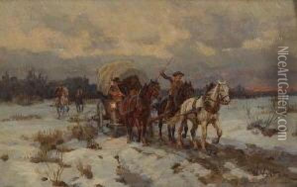 Pferdefuhrwerk Und Reiter In
 Winterlandschaft Oil Painting - Wilhelm Velten