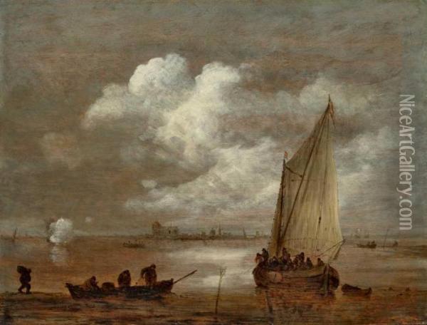 Seestuck Mit Fischerbooten Und Einem Kriegsschiff Oil Painting - Jan van Goyen