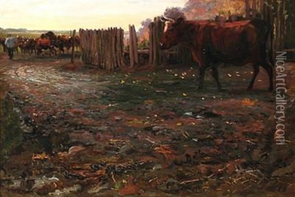 Cattle On Their Way To A Grazing Field Oil Painting - Otto Bache