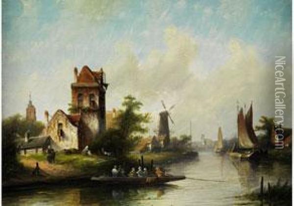 Kanallandschaft Mit Einem Fahrschiff, Turm Und Windmuhle Oil Painting - Jan Jacob Coenraad Spohler