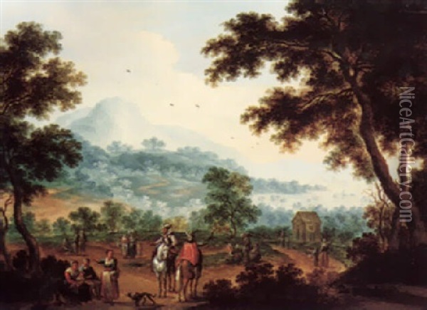A Hilly Wooded Landscape With Travellers And Horsemen On A Path Oil Painting - Karel Beschey
