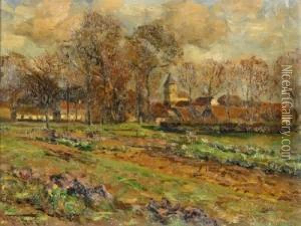 Fall In The Kalkum. View Over The Fields Onto The Village With St. Lambertus. Oil Painting - Wilhelm Fritzel