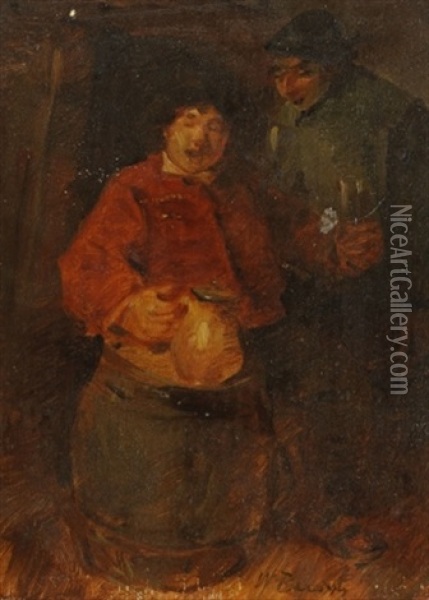 Zwei Bauern Mit Krug (+ Mann In Roter Jacker Mit Krug Auf Einem Hackklotz, Verso) Oil Painting - Wilhelm Busch