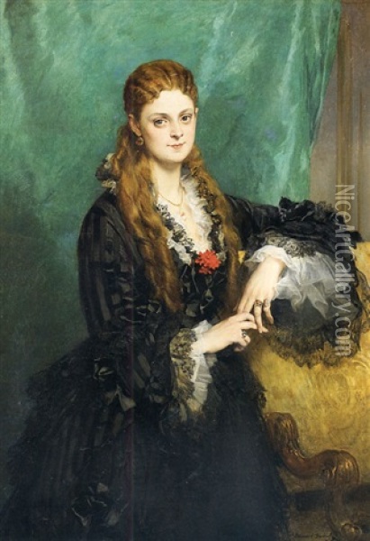 Portrait De Jeune Femme Accoudee A Un Fauteuil Oil Painting - Edouard Louis Dubufe