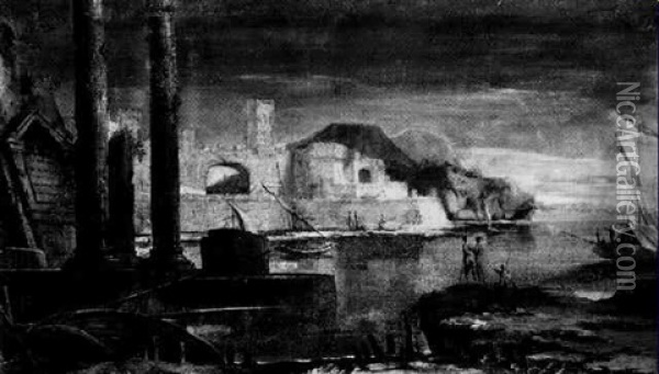 Sudlicher Hafen Mit Ruinen Oil Painting - Giuseppe Bernardino Bison