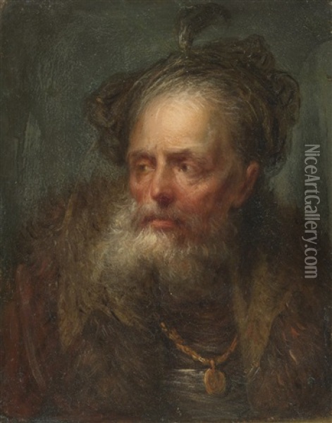 Portrait Of A Bearded Man, Head And Shoulders, In A Cap And Fur Trimmed Cloak Oil Painting - Christian Wilhelm Ernst Dietrich
