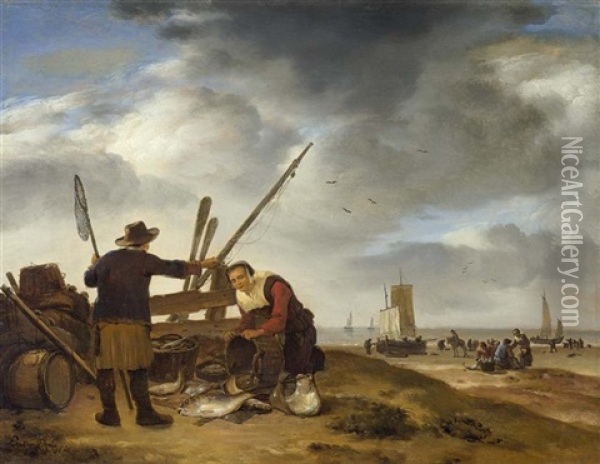 Eine Fischverkauferin Am Strand Von Scheveningen Oil Painting - Egbert Lievensz van der Poel
