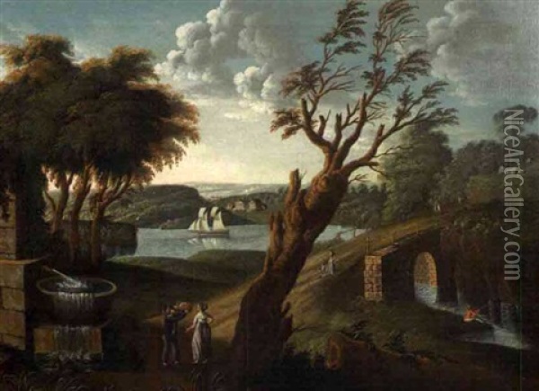 Idyllic Landscape Figures With Bridge And Ship On A River Oil Painting - Michele Felice Corne