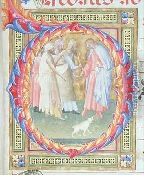 Historiated initial 'O' depicting Tobias and the Angel Oil Painting - Bartolomeo di Frusino