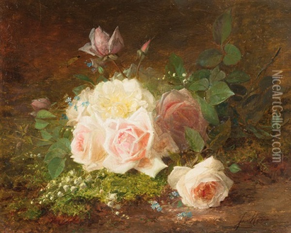 Stillleben Mit Rosen Und Maiglockchen Oil Painting - Jules Ferdinand Medard