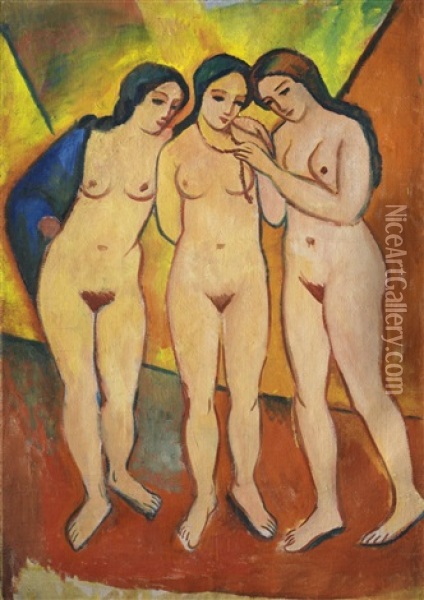 Drei Nackte Madchen Rot Und Orange (three Nudes, Orange And Red) Oil Painting - August Macke